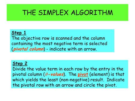 THE SIMPLEX ALGORITHM Step 1 The objective row is scanned and the column containing the most negative term is selected (pivotal column) - indicate with.