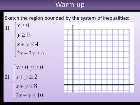 Warm-upWarm-up Sketch the region bounded by the system of inequalities: 1) 2) Sketch the region bounded by the system of inequalities: 1) 2)