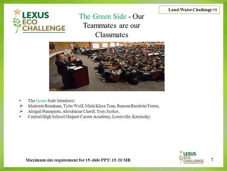 1 The Green Side Members:  Shalonte Branham, Tyler Wolf, Minh Khoa Tran, Ramon Bautista-Torres,  Abigail Panepinto, Aboubacar Cherif, Troy Justice. Central.