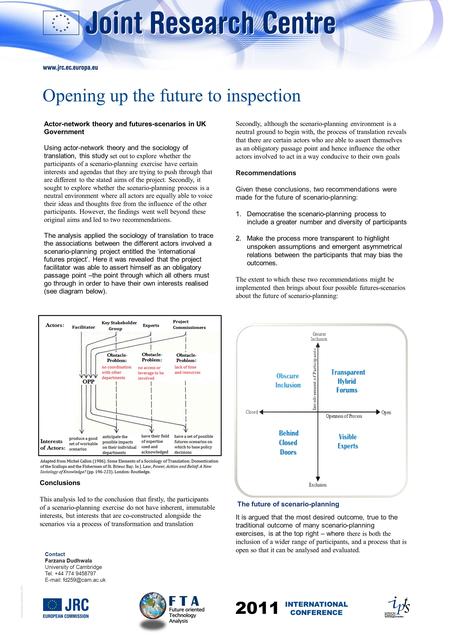 © European Communities, 2011 Actor-network theory and futures-scenarios in UK Government Using actor-network theory and the sociology of translation, this.