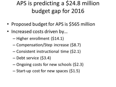 APS is predicting a $24.8 million budget gap for 2016 Proposed budget for APS is $565 million Increased costs driven by… – Higher enrollment ($14.1) –