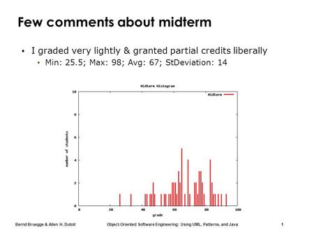 Bernd Bruegge & Allen H. Dutoit Object-Oriented Software Engineering: Using UML, Patterns, and Java 1 Few comments about midterm I graded very lightly.