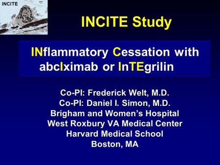 INCITE Study Co-PI: Frederick Welt, M.D. Co-PI: Daniel I. Simon, M.D. Brigham and Women’s Hospital West Roxbury VA Medical Center Harvard Medical School.