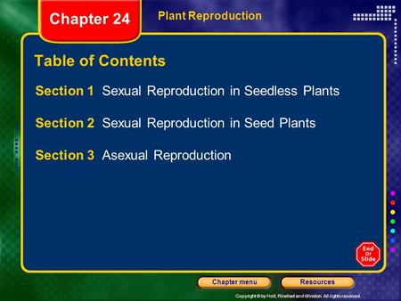 Copyright © by Holt, Rinehart and Winston. All rights reserved. ResourcesChapter menu Plant Reproduction Chapter 24 Table of Contents Section 1 Sexual.