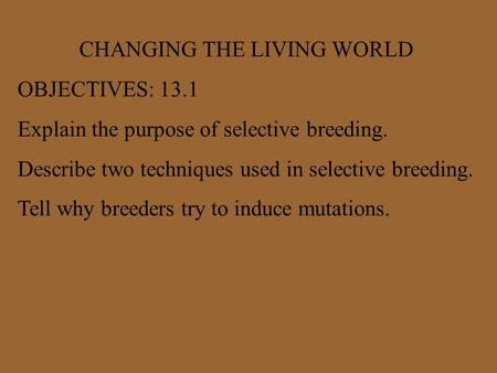 CHANGING THE LIVING WORLD OBJECTIVES: 13.1 Explain the purpose of selective breeding. Describe two techniques used in selective breeding. Tell why breeders.