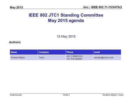 Doc.: IEEE 802.11-15/0476r2 Submission May 2015 Andrew Myles, CiscoSlide 1 IEEE 802 JTC1 Standing Committee May 2015 agenda 12 May 2015 Authors: NameCompanyPhoneemail.