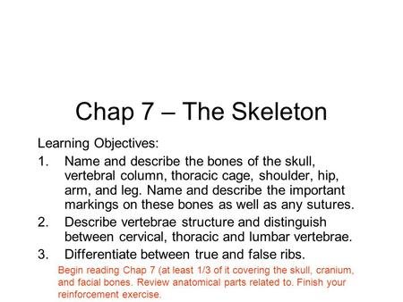 Chap 7 – The Skeleton Learning Objectives: