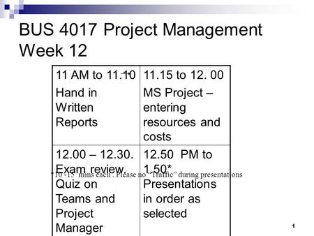 1 BUS 4017 Project Management Week 12 *10 -15 mins each. Please no “Traffic” during presentations 11 AM to 11.10 Hand in Written Reports 11.15 to 12. 00.