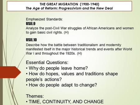 THE GREAT MIGRATION (1900-1940) The Age of Reform: Progressivism and the New Deal Emphasized Standards: USII.9 Analyze the post-Civil War struggles of.