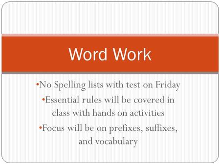 No Spelling lists with test on Friday Essential rules will be covered in class with hands on activities Focus will be on prefixes, suffixes, and vocabulary.