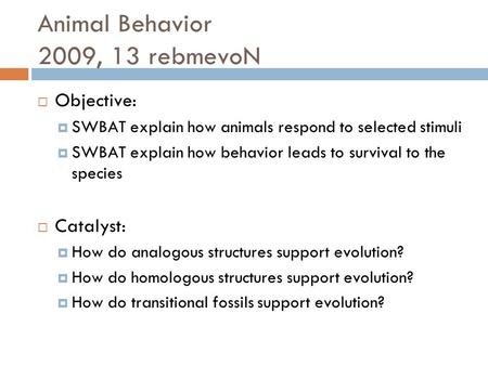 Animal Behavior 2009, 13 rebmevoN  Objective:  SWBAT explain how animals respond to selected stimuli  SWBAT explain how behavior leads to survival to.