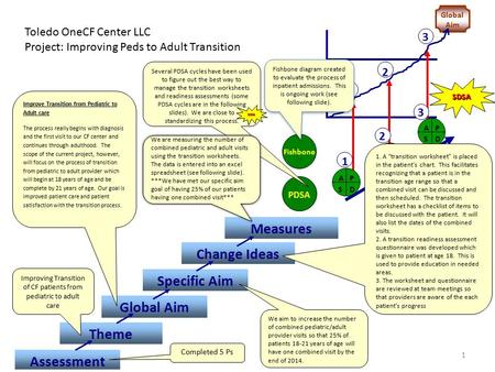 Global Aim 1 2 3 Assessment Theme Global Aim Change Ideas Specific Aim Measures SDSA P DS A P D S A P DS A PDSA 1 3 2 Completed 5 Ps Toledo OneCF Center.