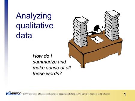 1 © 2009 University of Wisconsin-Extension, Cooperative Extension, Program Development and Evaluation How do I summarize and make sense of all these words?