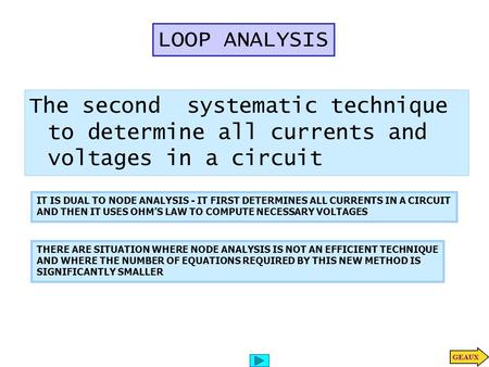 LOOP ANALYSIS The second systematic technique to determine all currents and voltages in a circuit IT IS DUAL TO NODE ANALYSIS - IT FIRST DETERMINES ALL.