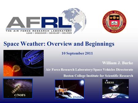 Space Weather: Overview and Beginnings 10 September 2011 William J. Burke Air Force Research Laboratory/Space Vehicles Directorate Boston College Institute.