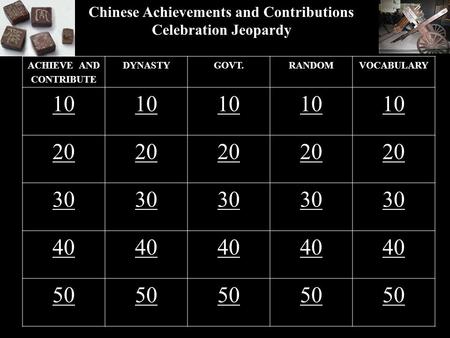 Chinese Achievements and Contributions Celebration Jeopardy ACHIEVE AND CONTRIBUTE DYNASTYGOVT.RANDOMVOCABULARY 10 20 30 40 50.