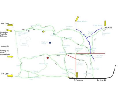 Swamp W Pond E Pond SW Gate NW Gate Canadian Trails Dr Entrance West Wash East Wash Andrea Dr. S Entrance Escarpment Trail E-W Fence Line Trail N-S Fence.