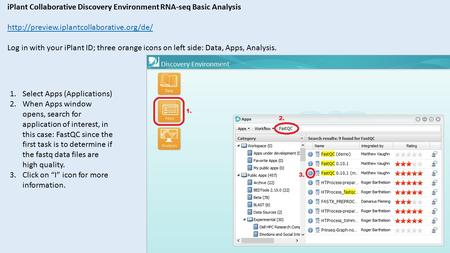 IPlant Collaborative Discovery Environment RNA-seq Basic Analysis  Log in with your iPlant ID; three orange icons.