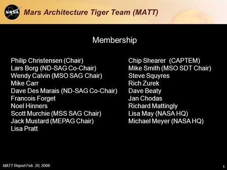 MATT Report Feb. 20, 2008 1 Philip Christensen (Chair) Lars Borg (ND-SAG Co-Chair) Wendy Calvin (MSO SAG Chair) Mike Carr Dave Des Marais (ND-SAG Co-Chair)