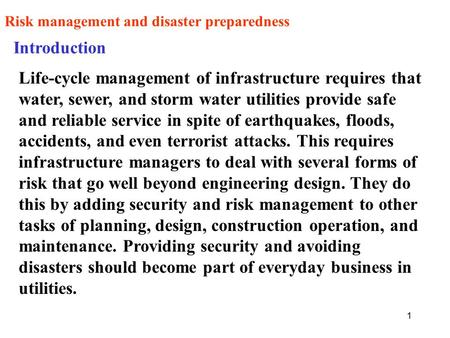 Risk management and disaster preparedness