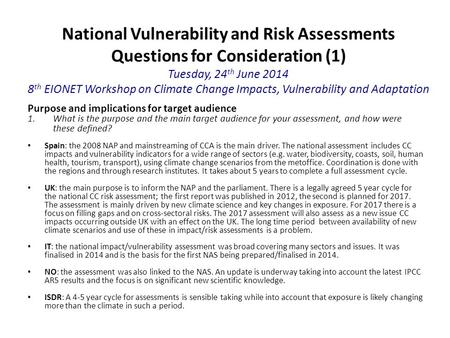 National Vulnerability and Risk Assessments Questions for Consideration (1) Tuesday, 24 th June 2014 8 th EIONET Workshop on Climate Change Impacts, Vulnerability.