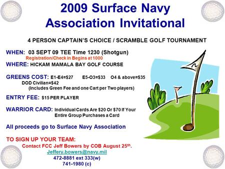 2009 Surface Navy Association Invitational 4 PERSON CAPTAIN’S CHOICE / SCRAMBLE GOLF TOURNAMENT WHEN: 03 SEPT 09 TEE Time 1230 (Shotgun) Registration/Check.