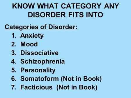 KNOW WHAT CATEGORY ANY DISORDER FITS INTO Categories of Disorder: 1. Anxiety 2. Mood 3. Dissociative 4. Schizophrenia 5. Personality 6. Somatoform (Not.