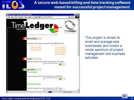 TimeLedger components developed by ITOS LTD. This project is aimed at small and average-size businesses and covers a whole spectrum of project management.