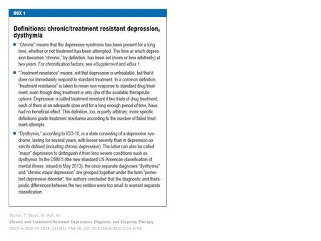 Bschor, T; Bauer, M; Adli, M Chronic and Treatment Resistant Depression: Diagnosis and Stepwise Therapy Dtsch Arztebl Int 2014; 111(45): 766-76; DOI: 10.3238/arztebl.2014.0766.