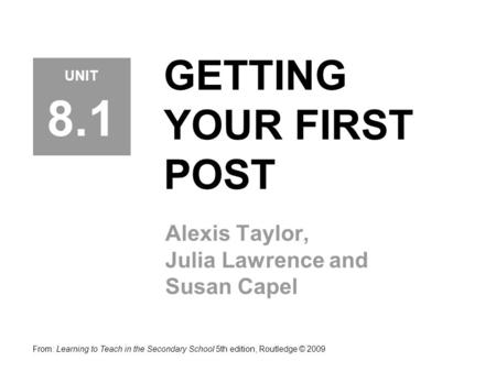 GETTING YOUR FIRST POST Alexis Taylor, Julia Lawrence and Susan Capel From: Learning to Teach in the Secondary School 5th edition, Routledge © 2009 UNIT.