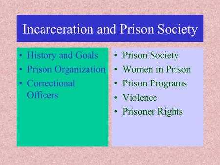 Incarceration and Prison Society History and Goals Prison Organization Correctional Officers Prison Society Women in Prison Prison Programs Violence Prisoner.