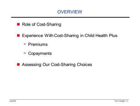 ArnoldView Graph # 1 OVERVIEW Role of Cost-Sharing Experience With Cost-Sharing in Child Health Plus - Premiums - Copayments Assessing Our Cost-Sharing.