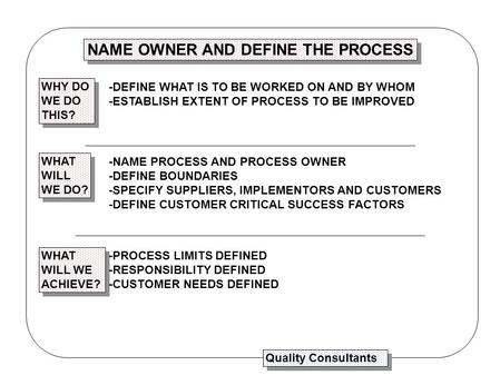 WHY DO WE DO THIS? WHY DO WE DO THIS? WHAT WILL WE DO? WHAT WILL WE DO? WHAT WILL WE ACHIEVE? WHAT WILL WE ACHIEVE? Quality Consultants NAME OWNER AND.