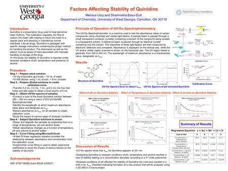 Factors Affecting Stability of Quinidine Melissa Usry and Sharmistha Basu-Dutt Department of Chemistry, University of West Georgia, Carrollton, GA 30118.