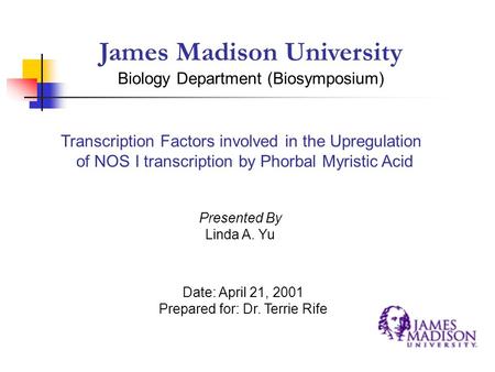 James Madison University Biology Department (Biosymposium) Presented By Linda A. Yu Date: April 21, 2001 Prepared for: Dr. Terrie Rife Transcription Factors.