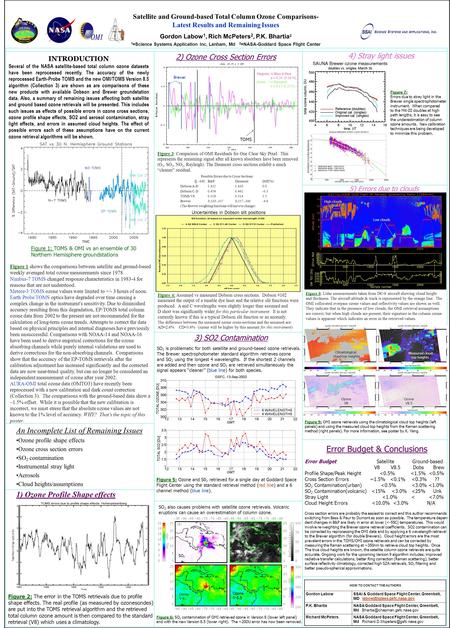 Satellite and Ground-based Total Column Ozone Comparisons- Latest Results and Remaining Issues Gordon Labow 1, Rich McPeters 2, P.K. Bhartia 2 1 =Science.