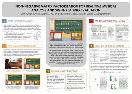 NON-NEGATIVE MATRIX FACTORIZATION FOR REAL TIME MUSICAL ANALYSIS AND SIGHT-READING EVALUATION Chih-Chieh Cheng, Diane J. Hu, and Lawrence K. Saul, UC San.