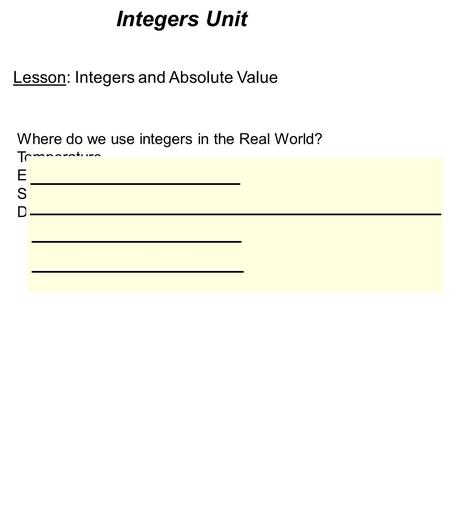 Integers Unit Lesson: Integers and Absolute Value Where do we use integers in the Real World? Temperature Elevation (Death Valley, New Orleans) Stock Market.