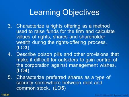 ©2012 McGraw-Hill Ryerson Limited 1 of 24 Learning Objectives 3.Characterize a rights offering as a method used to raise funds for the firm and calculate.