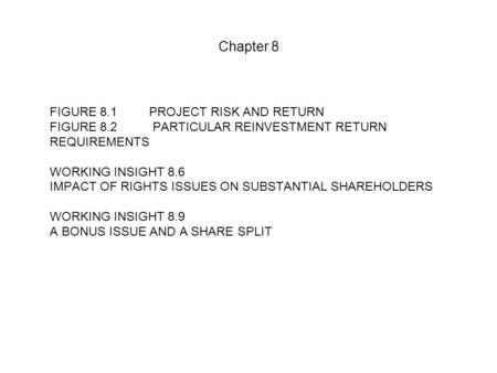 Chapter 8 FIGURE 8.1 PROJECT RISK AND RETURN FIGURE 8.2 PARTICULAR REINVESTMENT RETURN REQUIREMENTS WORKING INSIGHT 8.6 IMPACT OF RIGHTS ISSUES ON SUBSTANTIAL.