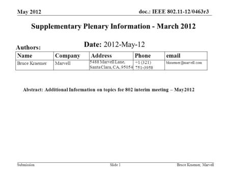 Doc.: IEEE 802.11-12/0463r3 SubmissionBruce Kraemer, MarvellSlide 1 +1 (321) 751-3958 5488 Marvell Lane, Santa Clara, CA, 95054 Name Company Address Phone.