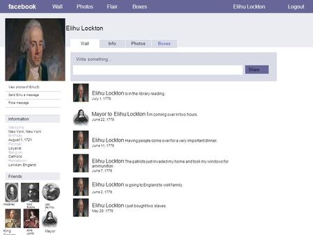 Facebook Elihu Lockton WallPhotosFlairBoxesElihu LocktonLogout View photos of Elihu(5) Send Elihu a message Poke message Wall InfoPhotosBoxes Write something…