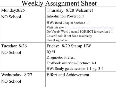 Weekly Assignment Sheet