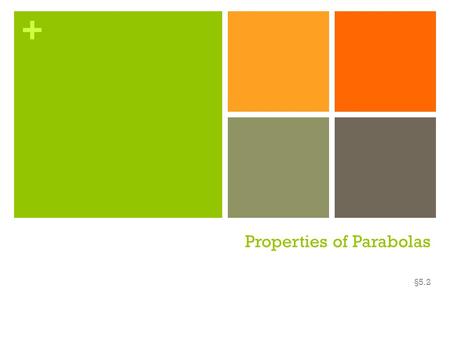 + Properties of Parabolas §5.2. + Objectives Graph quadratic functions. Find the maximum and minimum value of quadratic functions. By the end of today,