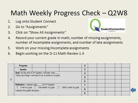 Math Weekly Progress Check – Q2W8 1.Log onto Student Connect 2.Go to “Assignments” 3.Click on “Show All Assignments” 4.Record your current grade in math,