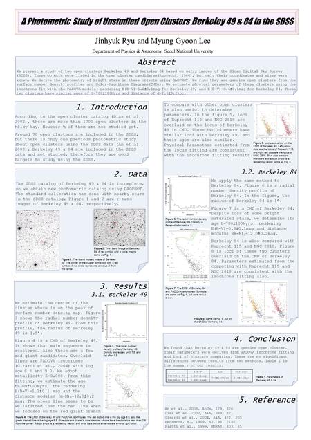 A Photometric Study of Unstudied Open Clusters Berkeley 49 & 84 in the SDSS Jinhyuk Ryu and Myung Gyoon Lee Department of Physics & Astronomy, Seoul National.