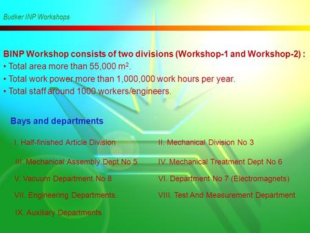 BINP Workshop consists of two divisions (Workshop-1 and Workshop-2) : Total area more than 55,000 m 2. Total work power more than 1,000,000 work hours.