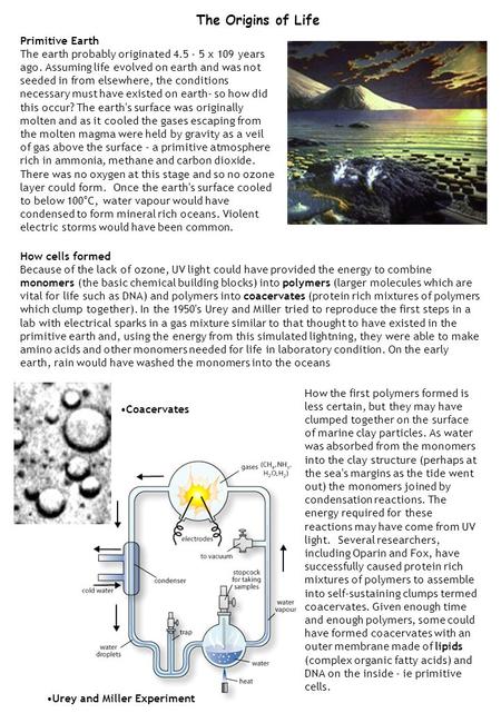 How cells formed Because of the lack of ozone, UV light could have provided the energy to combine monomers (the basic chemical building blocks) into polymers.