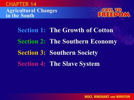 Section 1:The Growth of Cotton Section 2:The Southern Economy Section 3:Southern Society Section 4:The Slave System CHAPTER 14 Agricultural Changes in.