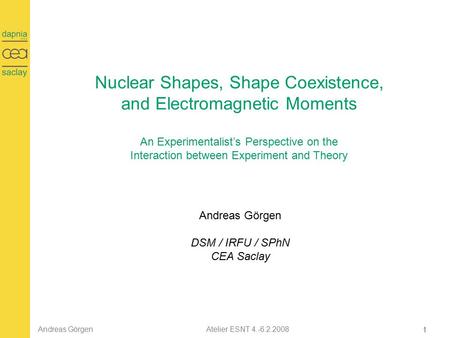 1 Andreas Görgen Atelier ESNT 4.-6.2.2008 Nuclear Shapes, Shape Coexistence, and Electromagnetic Moments An Experimentalist’s Perspective on the Interaction.